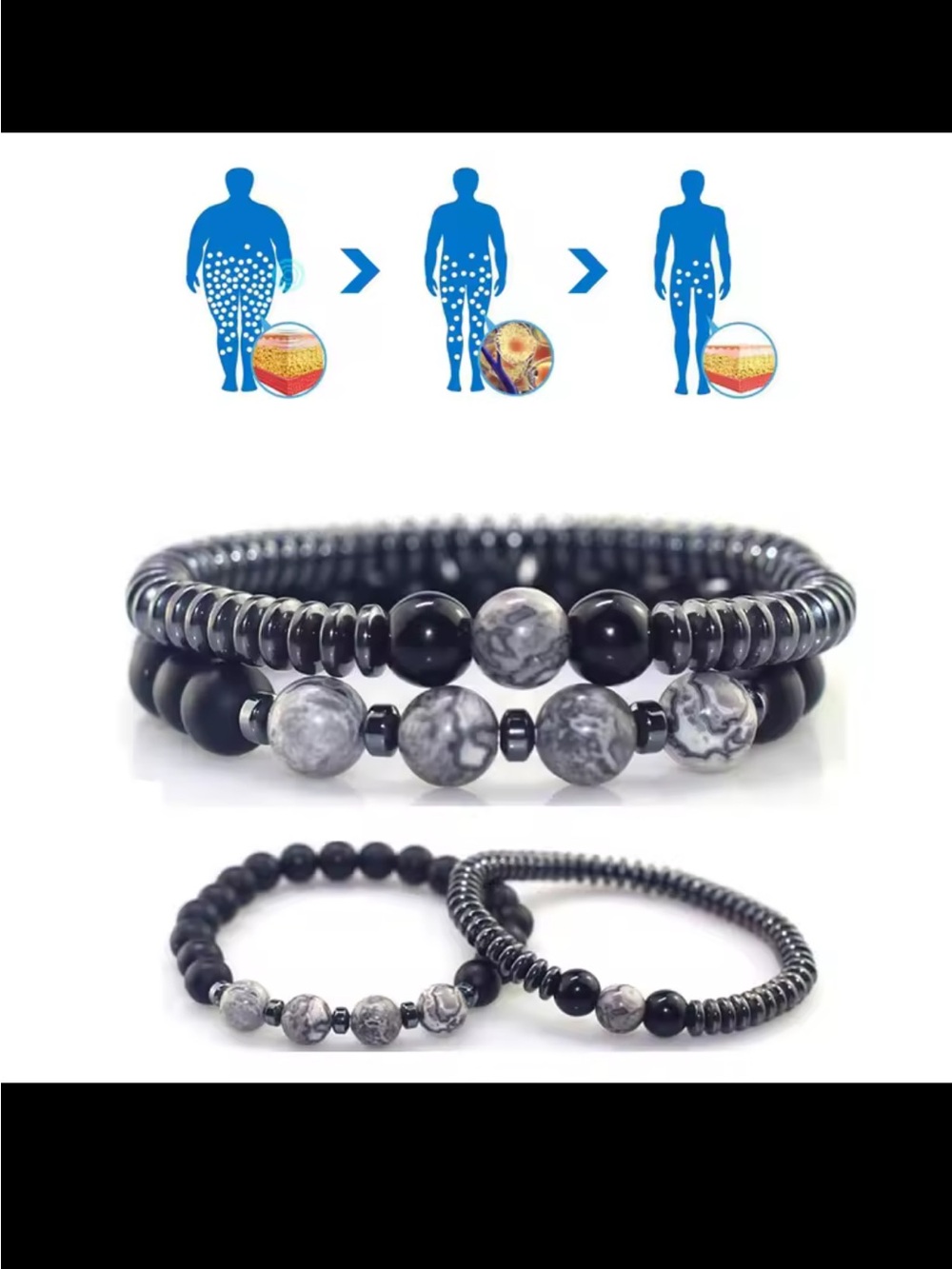 Men's Black and Gray Beaded Stretch Bracelet Set - 2 Pack